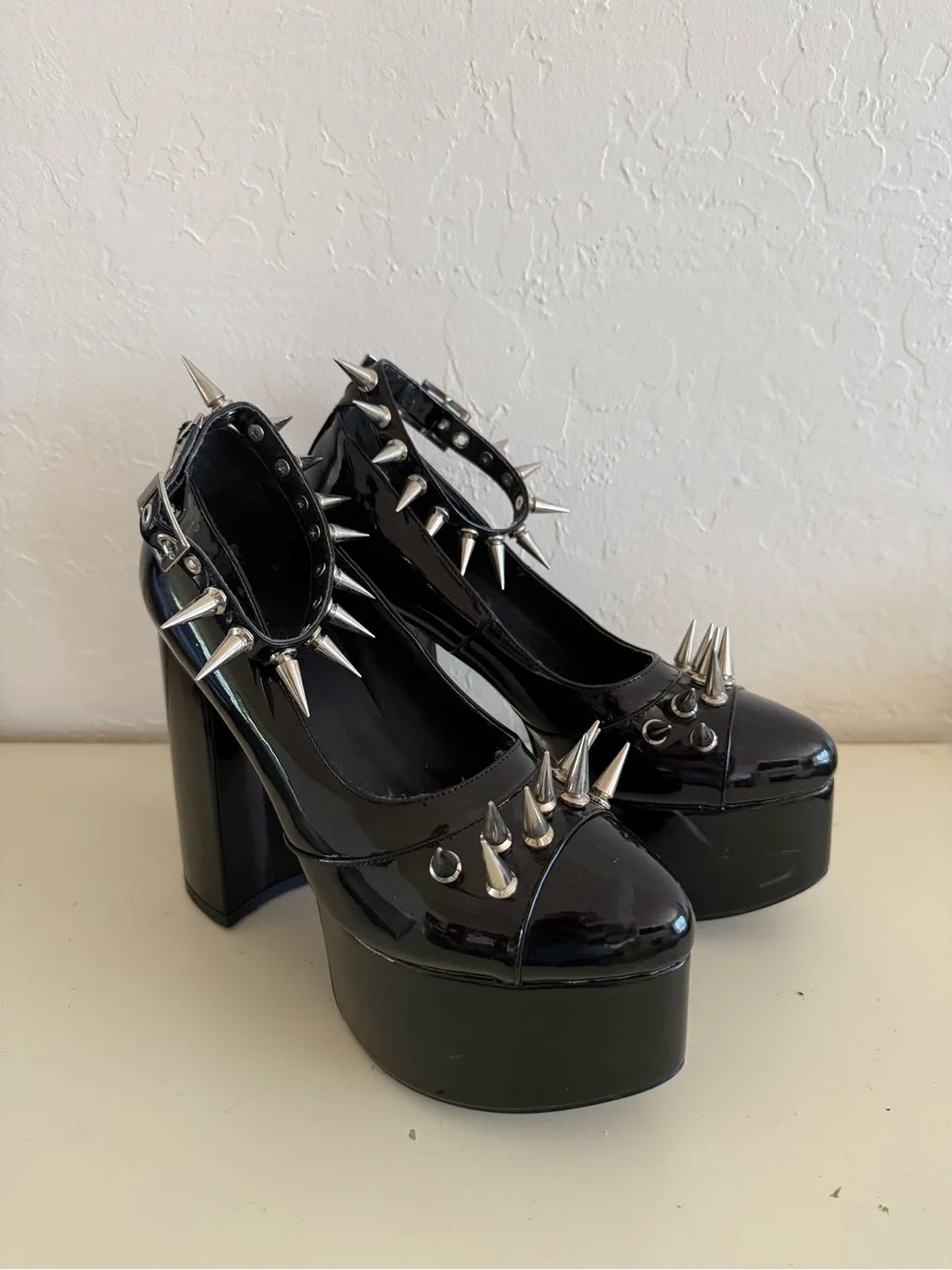 Black Patent Platform Mary Jane Heels with Silver Spikes